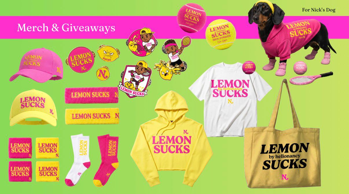Full LEMON SUCKS merch line — apparel, accessories, branded balls, dog outfit
