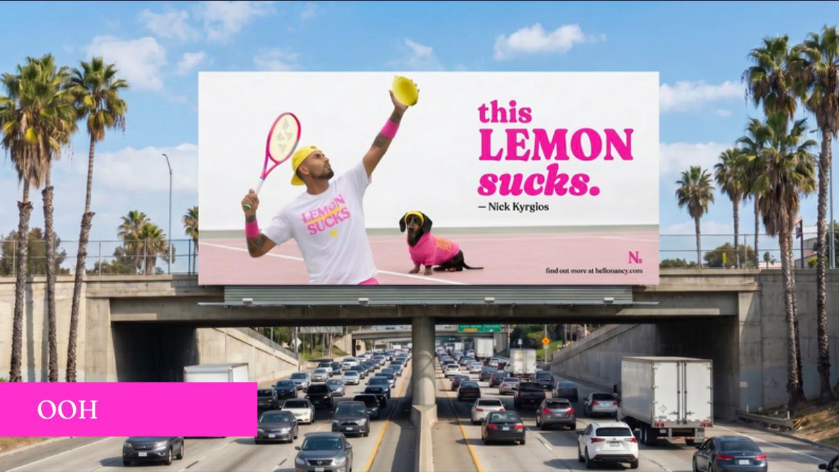 OOH highway billboard in LA: Nick mid-serve, lemon as ball