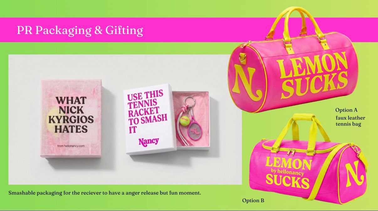 Pink smashable PR box and Lemon Sucks duffel bags